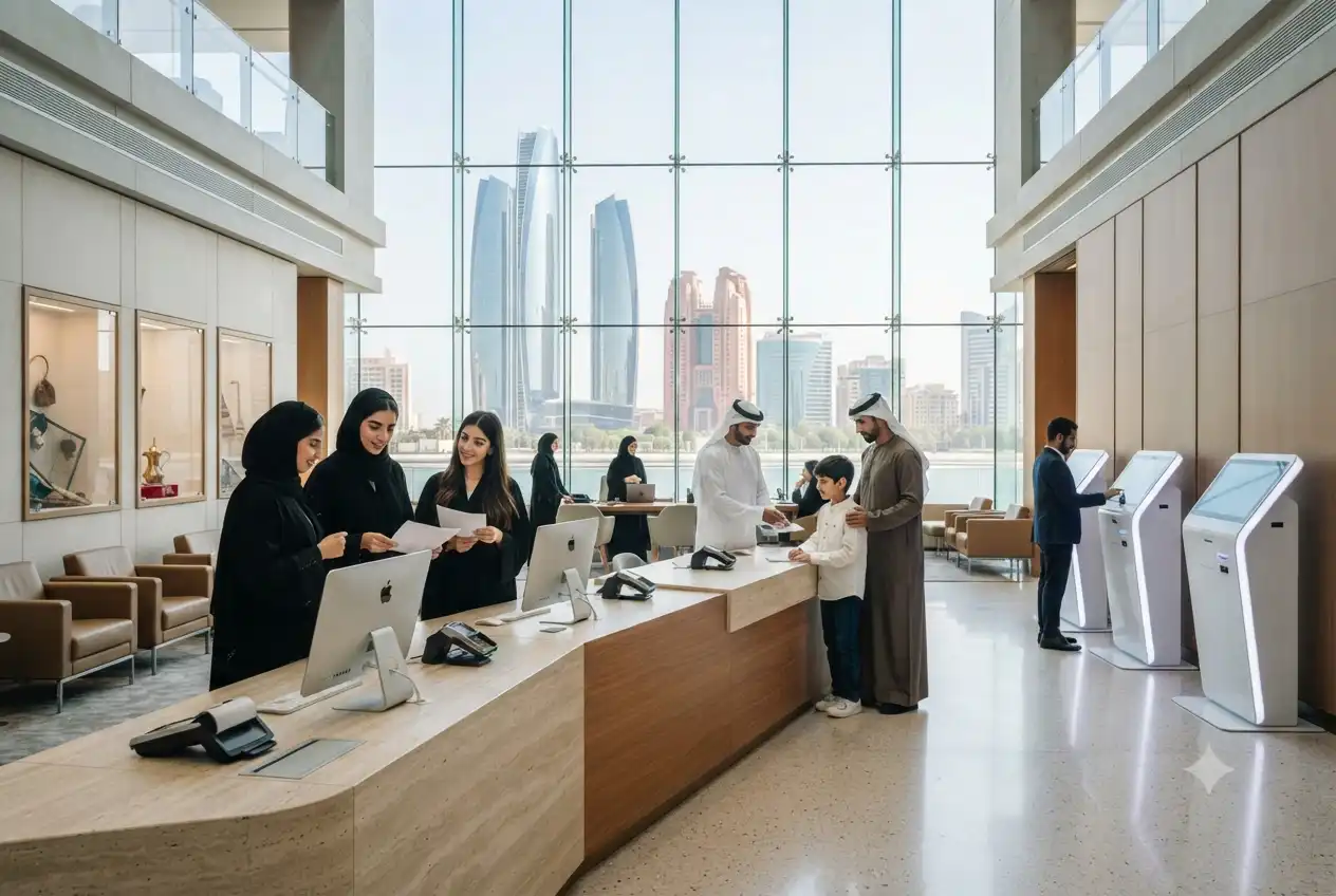 Students and visitors accessing Ministry of Education UAE services in a modern government office