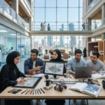 Students walking across a modern university campus in the United Arab Emirates