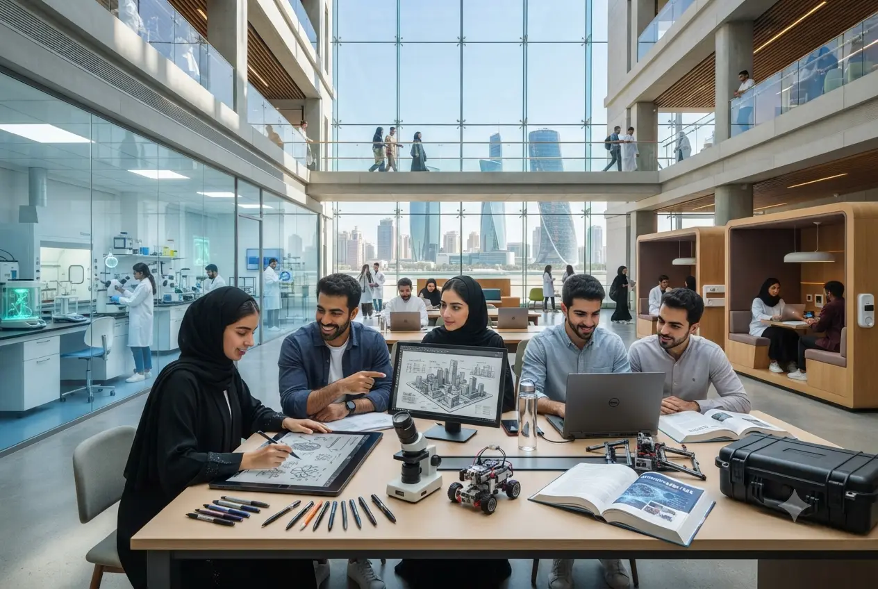 Students walking across a modern university campus in the United Arab Emirates