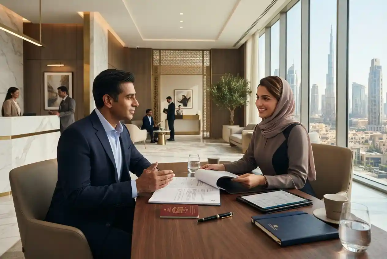 International client discussing a non-resident bank account with a banking advisor in the UAE.