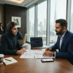 Indian expatriate discussing NRI banking services with a financial advisor in the UAE.