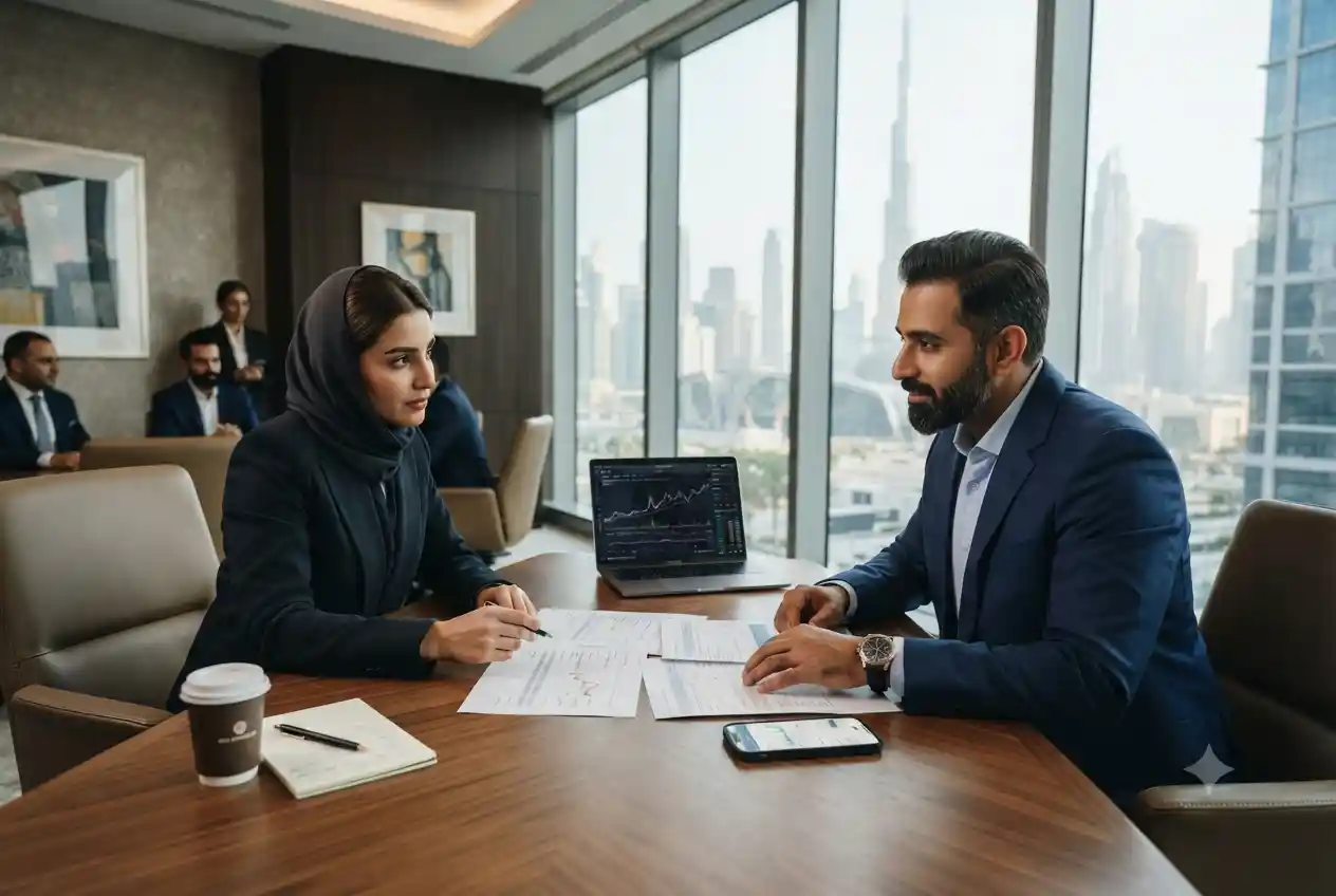 Indian expatriate discussing NRI banking services with a financial advisor in the UAE.