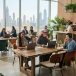 Students and professionals working part-time in a modern Dubai workspace.