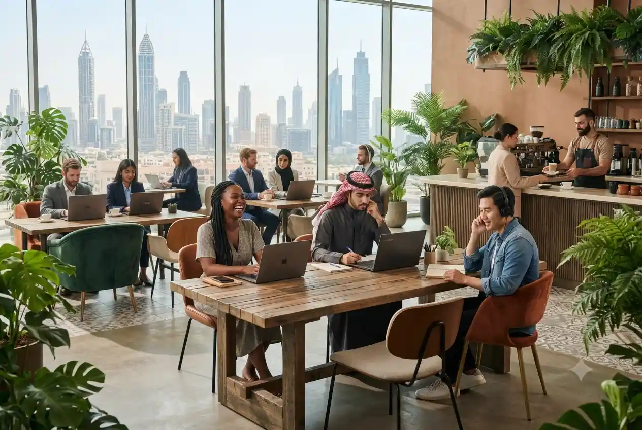 Students and professionals working part-time in a modern Dubai workspace.