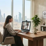 Professional working remotely from a modern home office in the UAE.