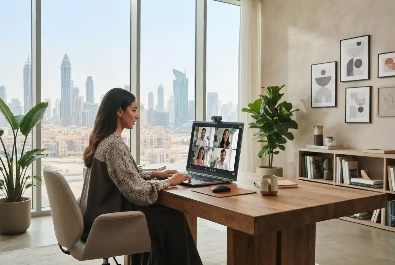 Professional working remotely from a modern home office in the UAE.