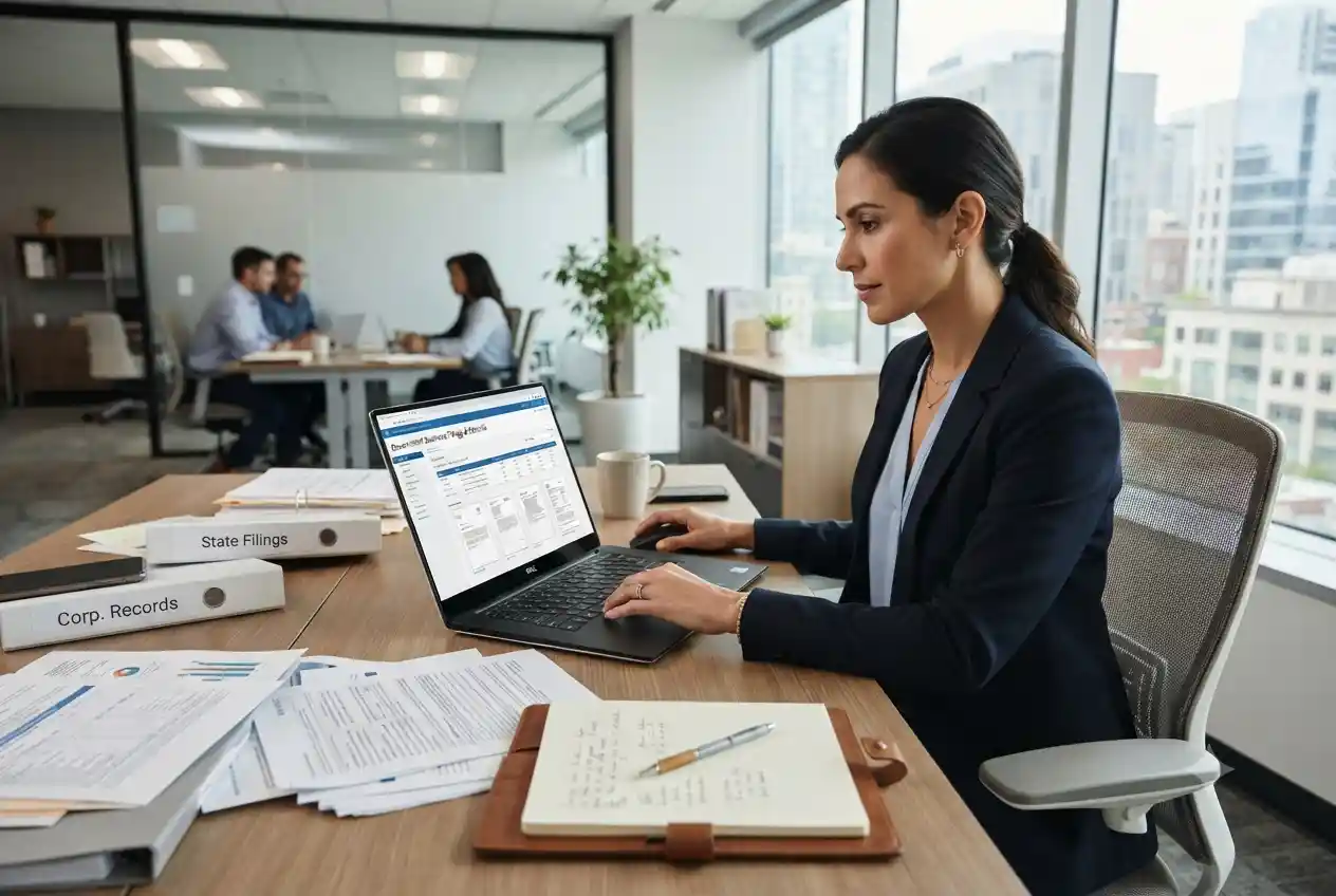 Professional reviewing secretary of state business registration records online
