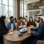 University student opening a student bank account at a modern bank branch in the UAE.
