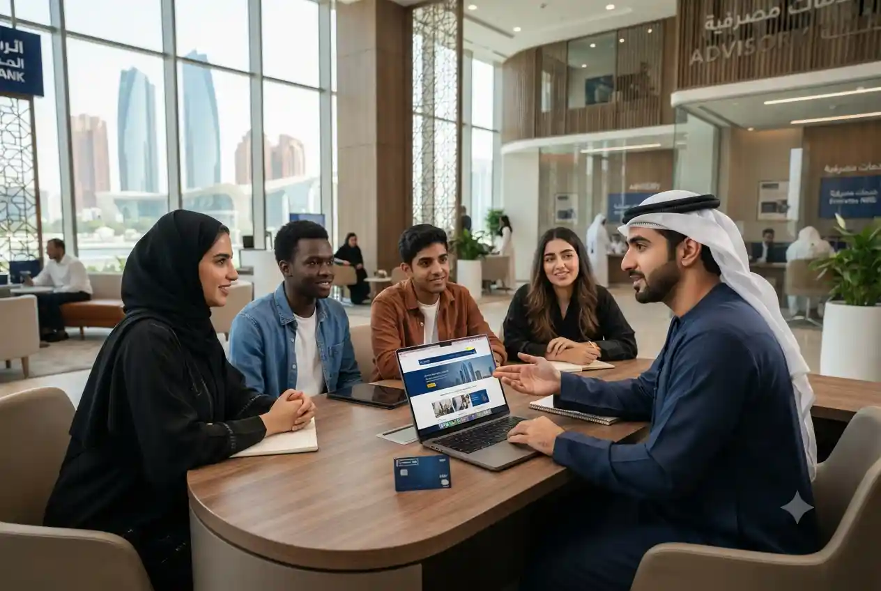 University student opening a student bank account at a modern bank branch in the UAE.