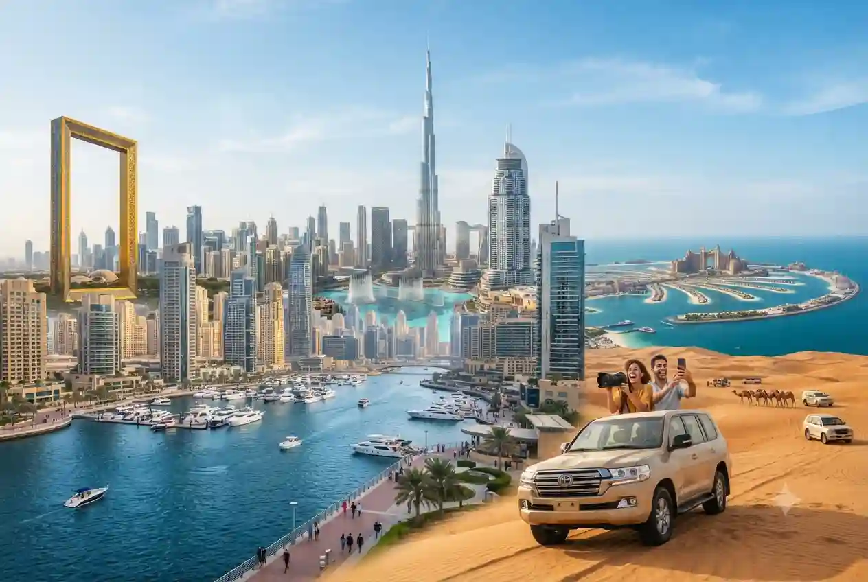 Top attractions in Dubai including Burj Khalifa, Dubai Marina, and Dubai Fountain