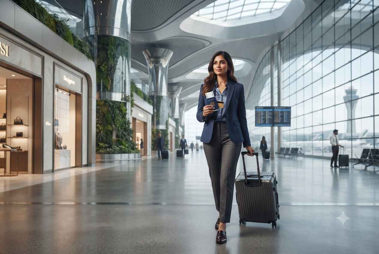 Traveler using a travel credit card at Dubai International Airport before departure.
