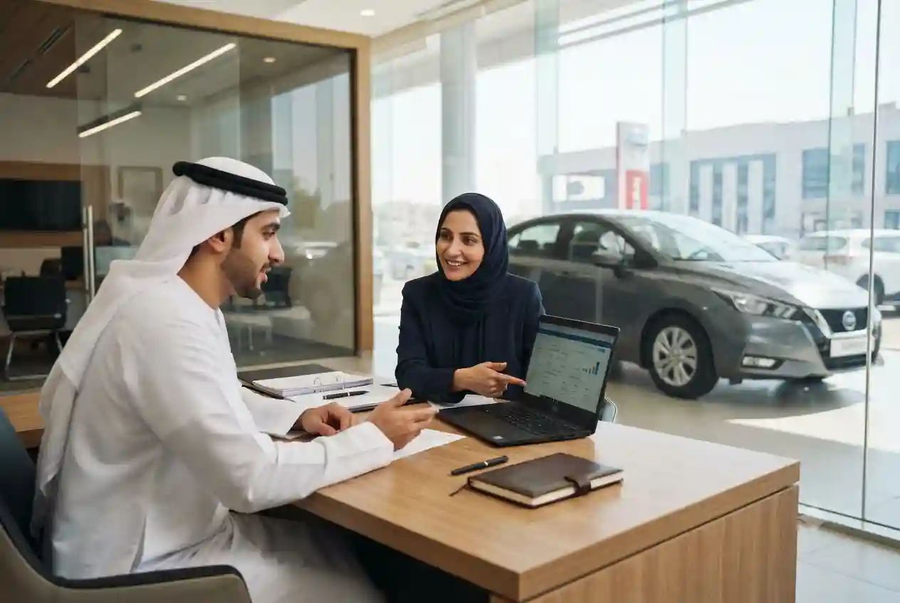 Customer discussing used car loan options with a financial advisor in the UAE.