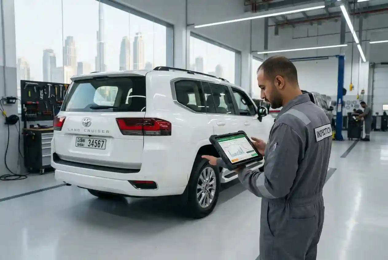 Professional inspection of a used vehicle for valuation in the UAE.