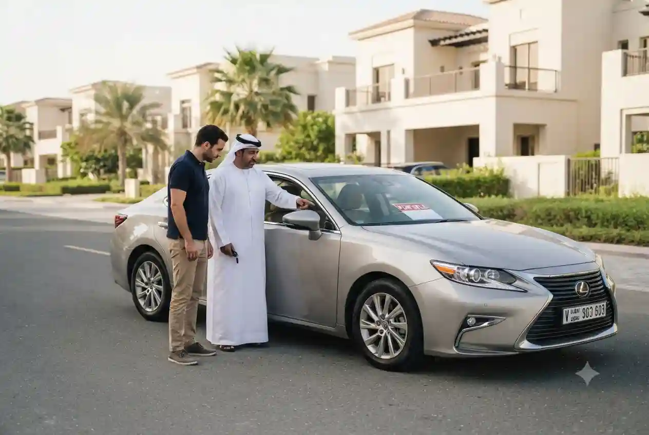 Buyer inspecting a used car directly from its owner in the UAE.