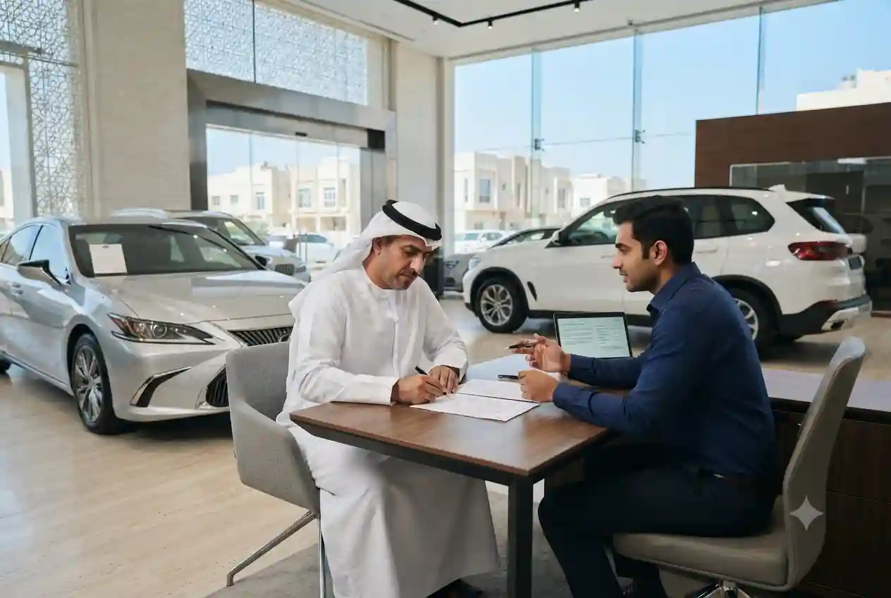 Customer discussing used car installment options at a professional UAE dealership.