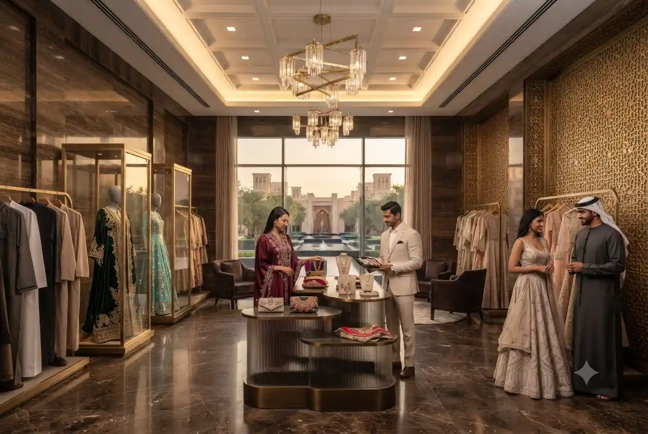 Elegant ethnic fashion garments displayed inside a modern UAE fashion boutique