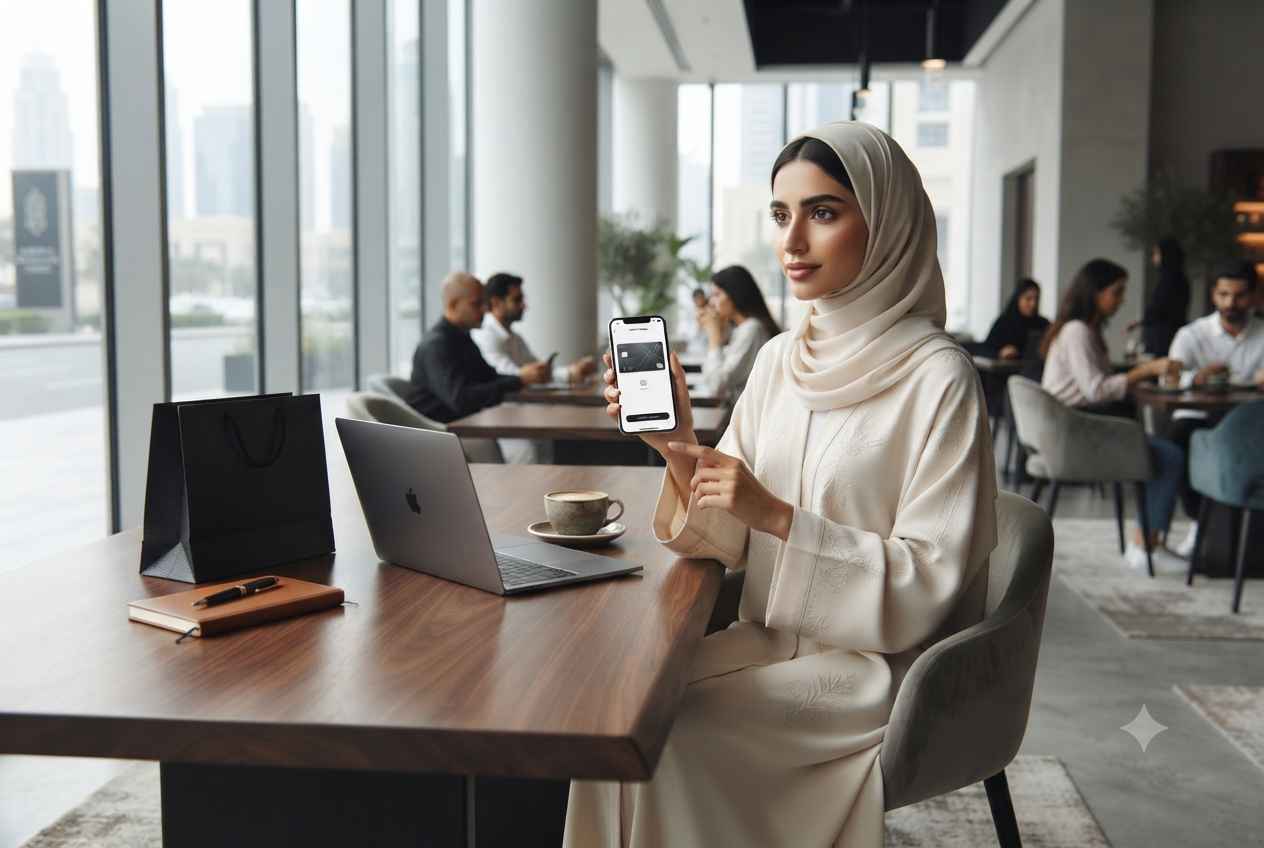 Customer making a secure online payment using a virtual credit card on a smartphone in the UAE.