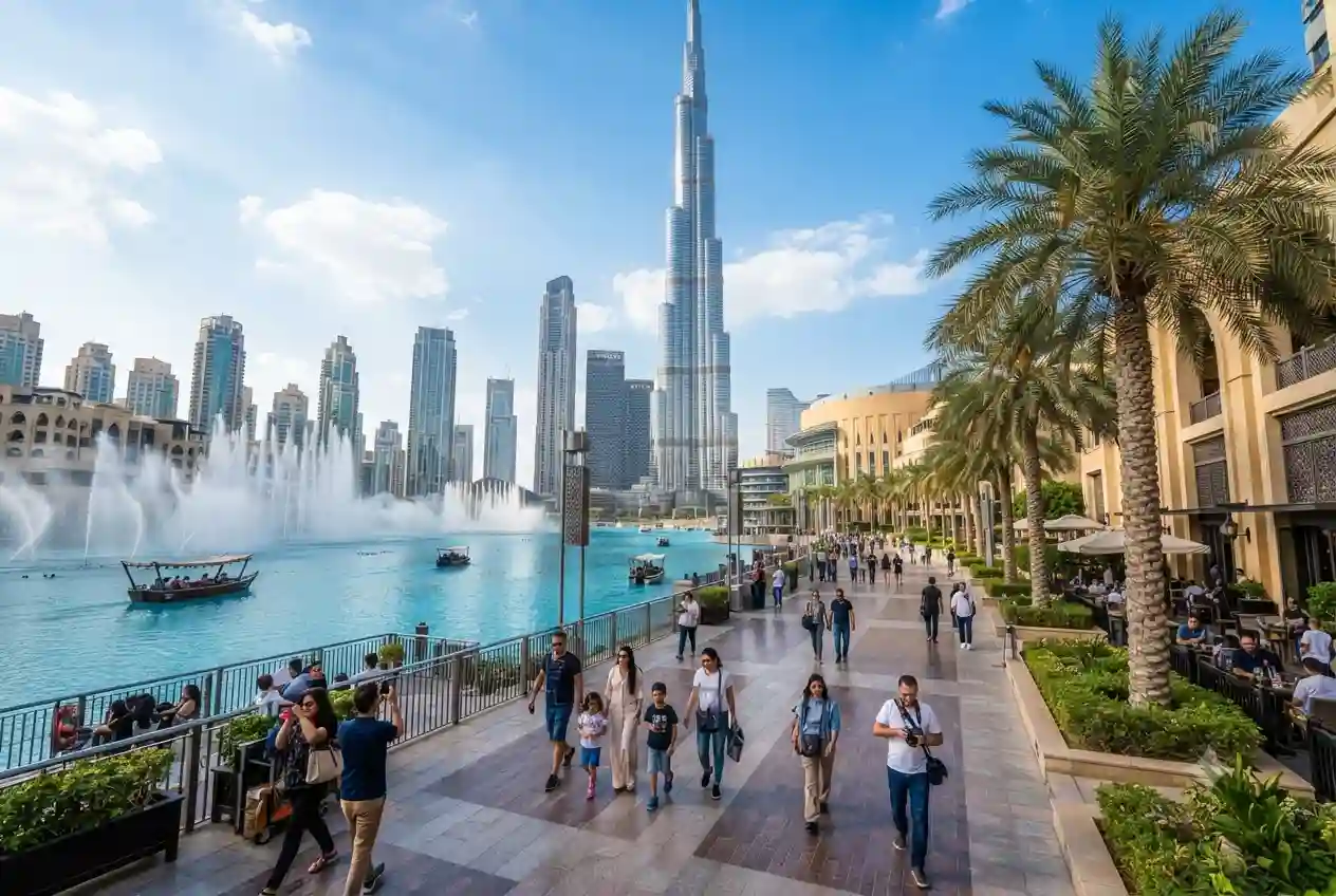 Dubai skyline with Burj Khalifa during a sunny day
