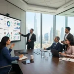 Marketing professionals discussing the 5Ps of marketing during a business strategy meeting.
