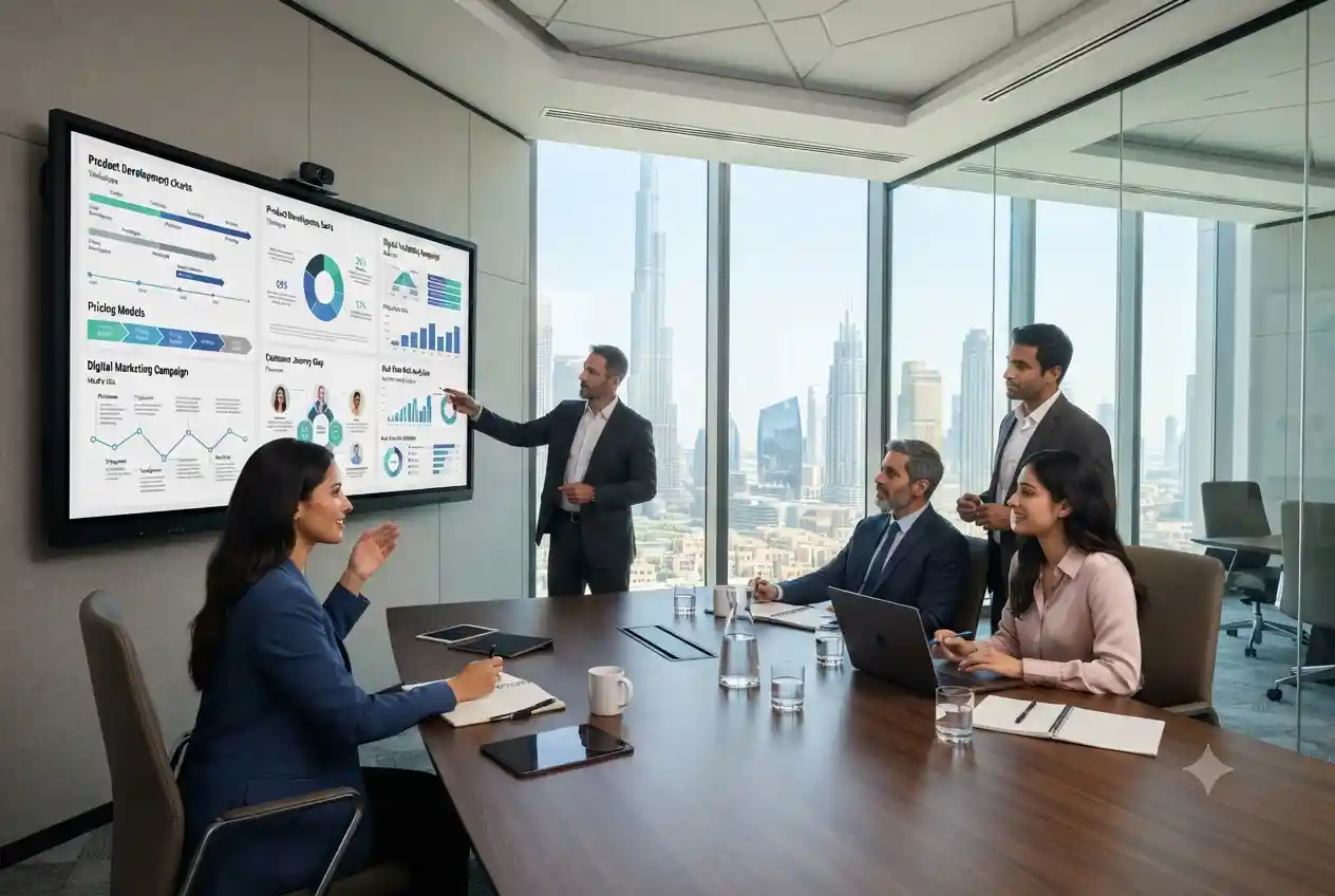 Marketing professionals discussing the 5Ps of marketing during a business strategy meeting.
