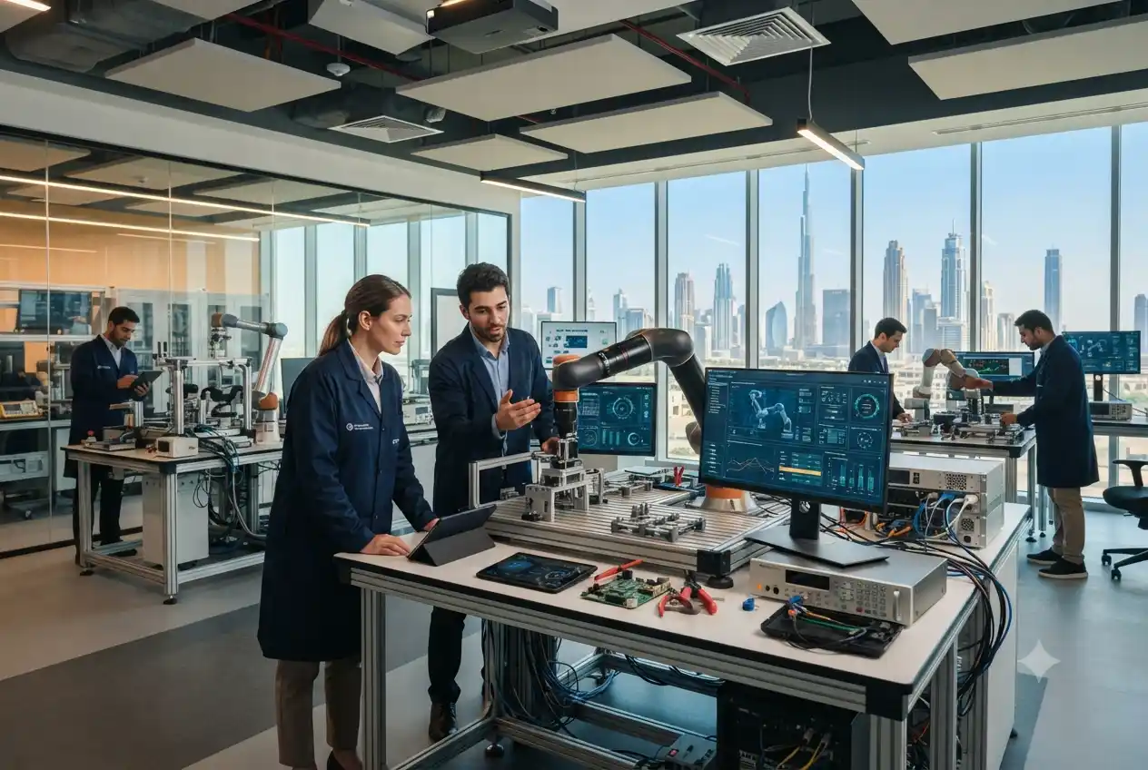Engineers working with advanced technology systems in a modern UAE innovation center