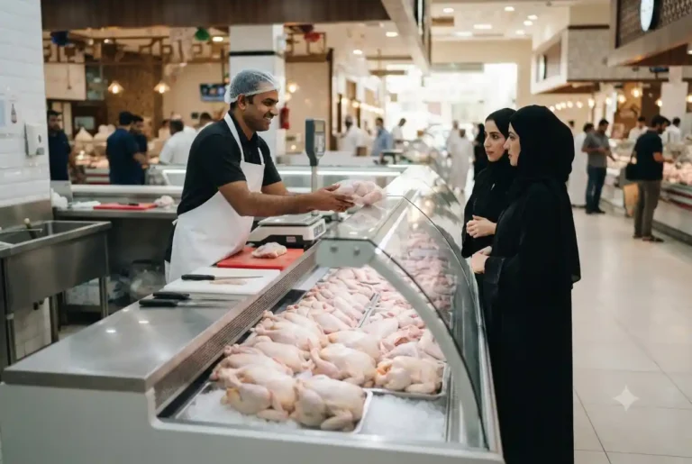 Fresh chicken displayed at a clean poultry market in Ajman.