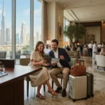 Travelers arranging UAE tourism services with Dubai skyline in the background