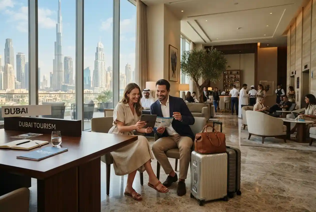 Travelers arranging UAE tourism services with Dubai skyline in the background