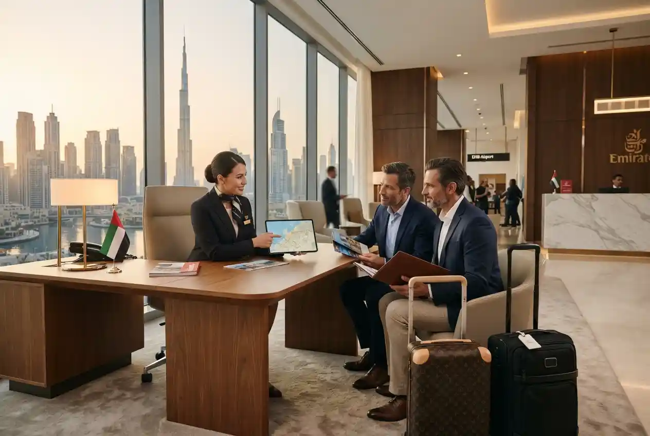 UAE travel and tourism services with Dubai skyline in the background