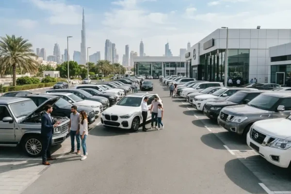 Used cars displayed at an auto mart in the UAE