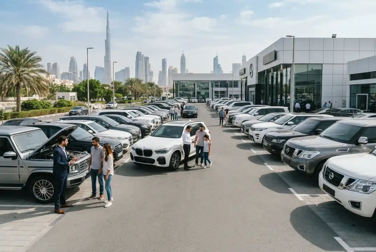 Used cars displayed at an auto mart in the UAE