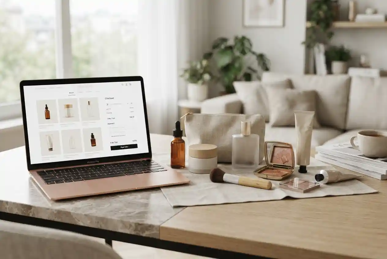 Beauty products and online shopping setup for finding a Beauty Bay discount code
