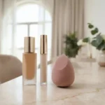 Beauty blender sponge with foundation and makeup products