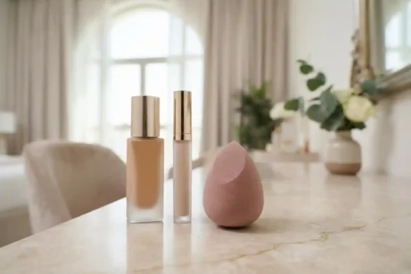 Beauty blender sponge with foundation and makeup products