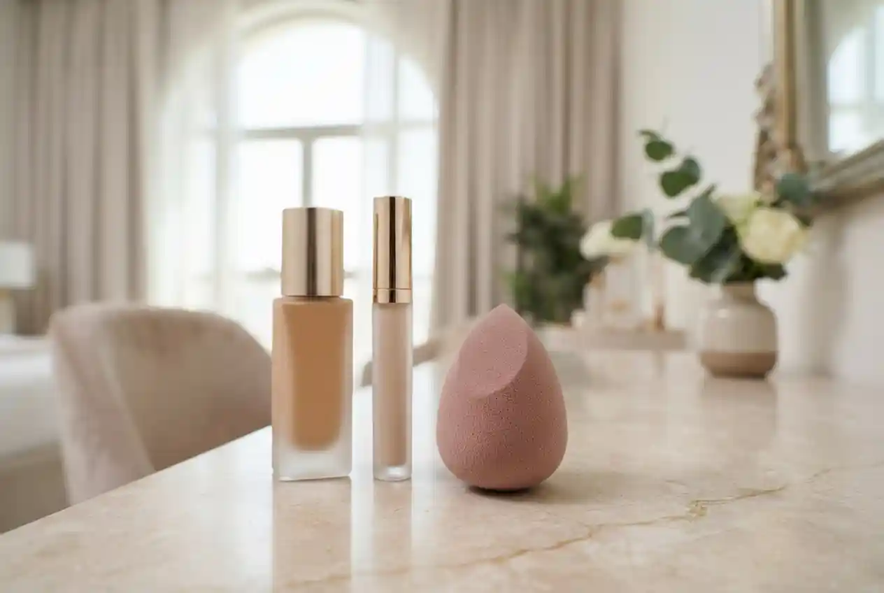 Beauty blender sponge with foundation and makeup products