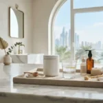 Beauty collagen supplement and skincare products in an elegant setting