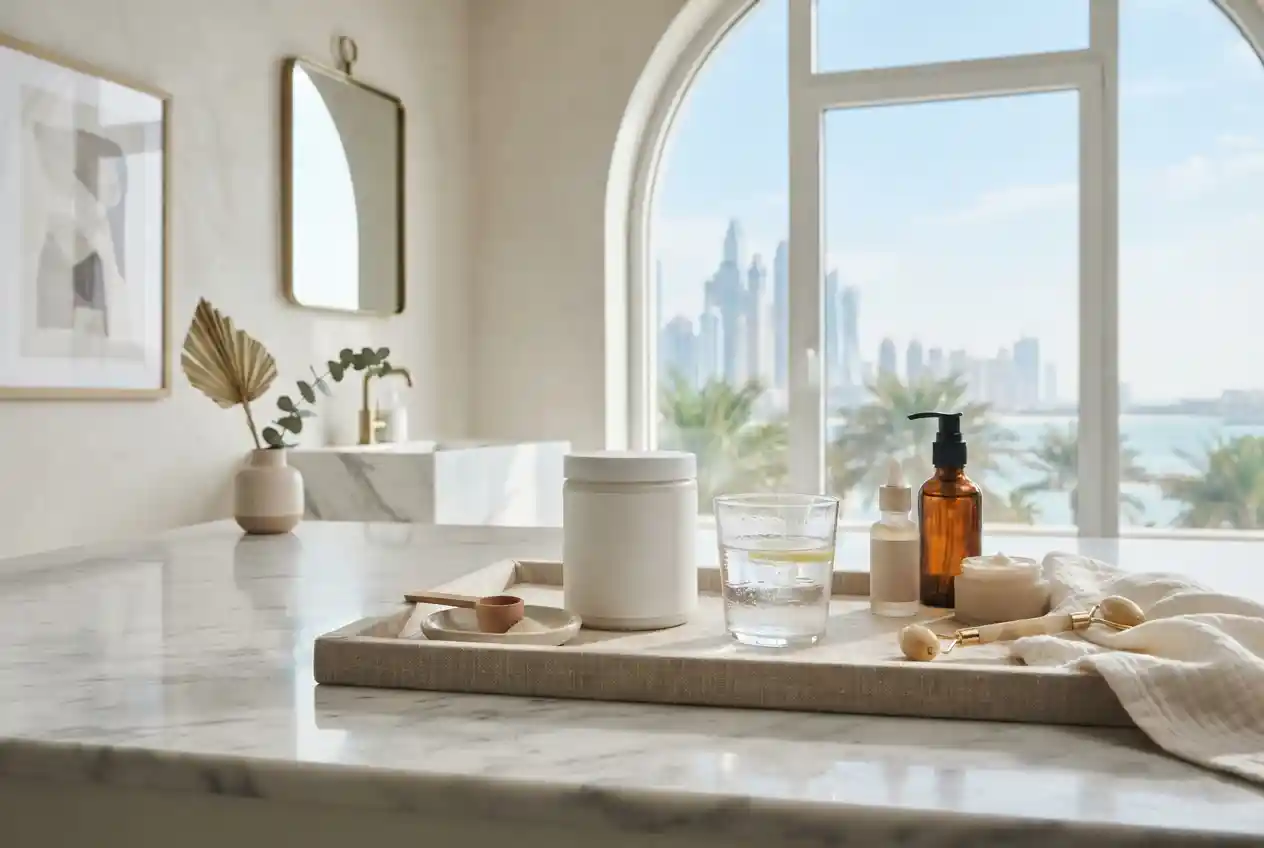 Beauty collagen supplement and skincare products in an elegant setting