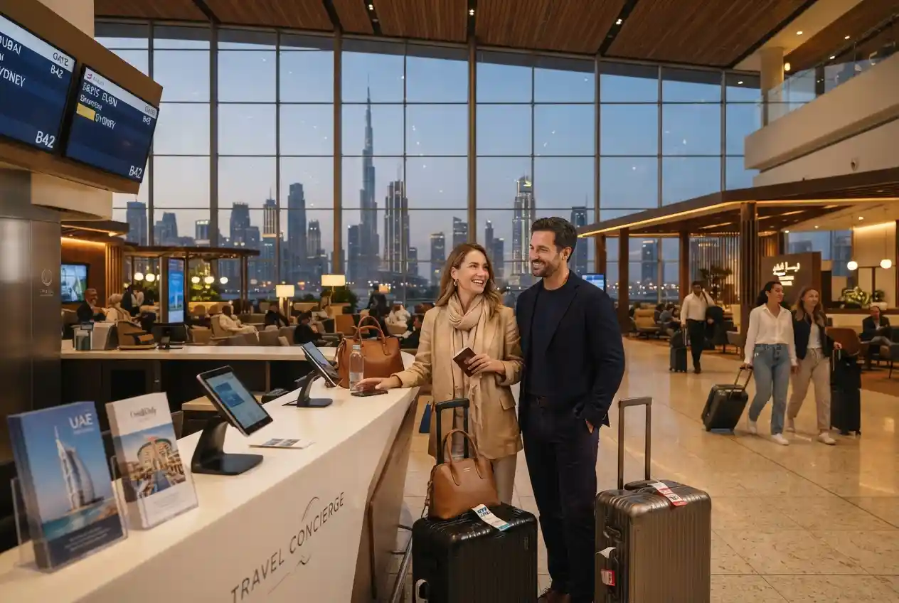 UAE travelers planning a holiday with Dubai skyline in the background
