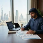 UAE entrepreneur managing a business bank account in a Dubai office