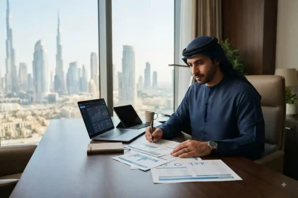 UAE entrepreneur managing a business bank account in a Dubai office