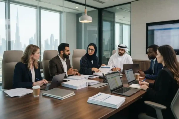 Business compliance professionals reviewing regulatory documents in Dubai