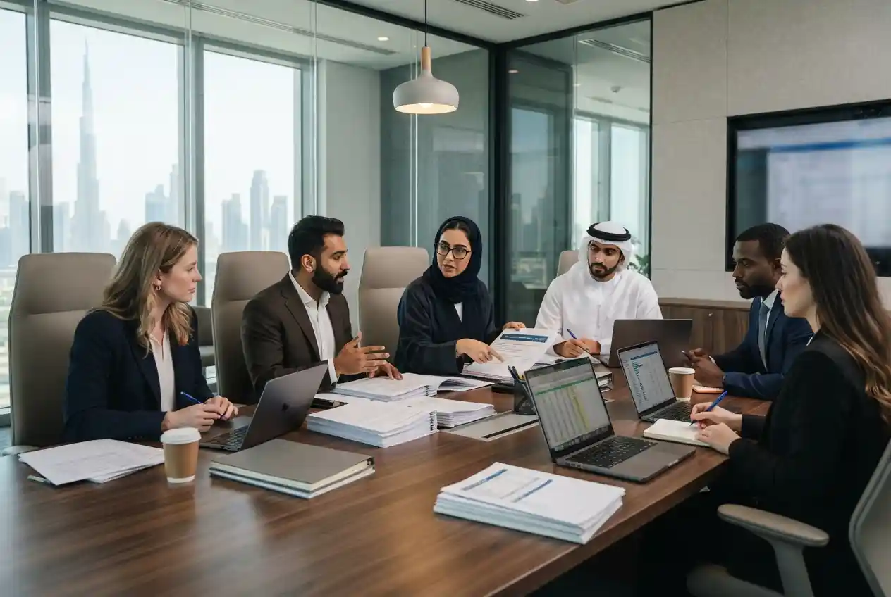 Business compliance professionals reviewing regulatory documents in Dubai