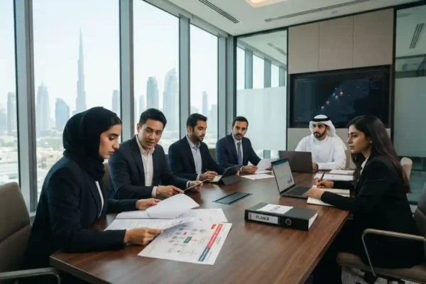 Business continuity planning meeting in a Dubai corporate office