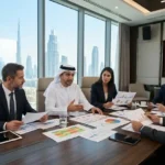 Business professionals reviewing risk management strategies in a Dubai corporate office
