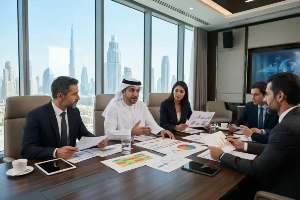 Business professionals reviewing risk management strategies in a Dubai corporate office