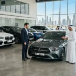Buyer and seller discussing a used car at a UAE dealership