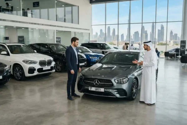 Buyer and seller discussing a used car at a UAE dealership