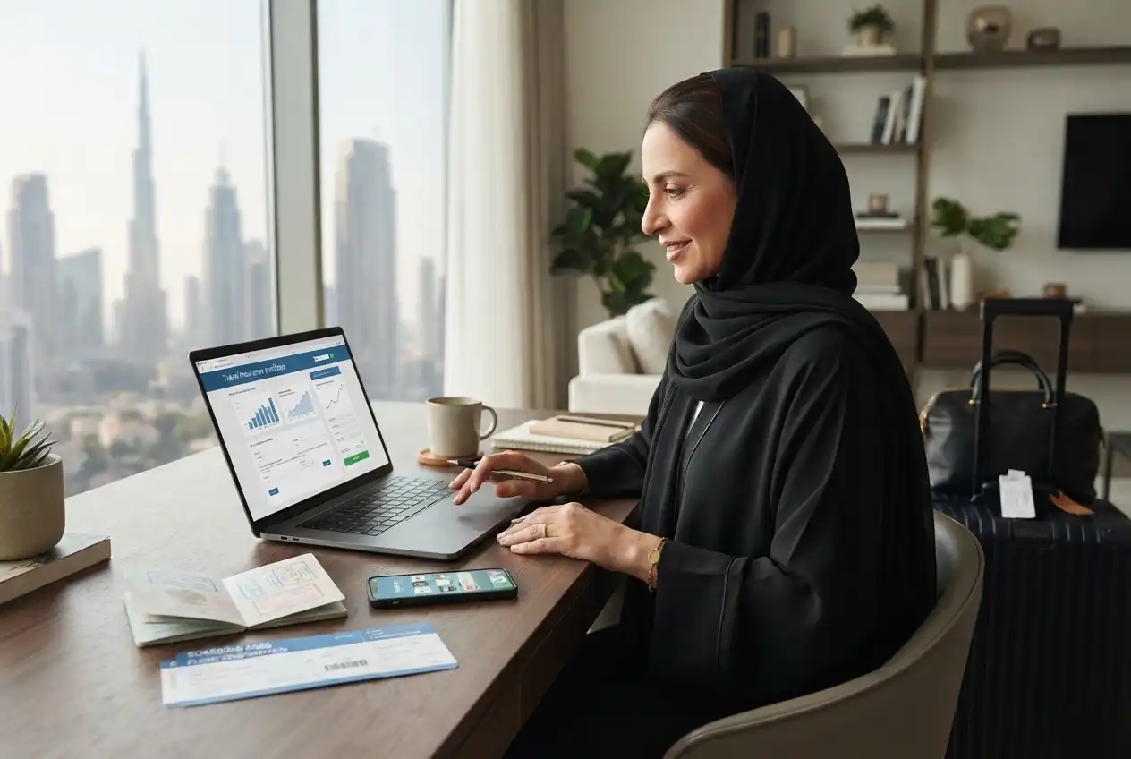 UAE traveler buying travel insurance online before an international trip