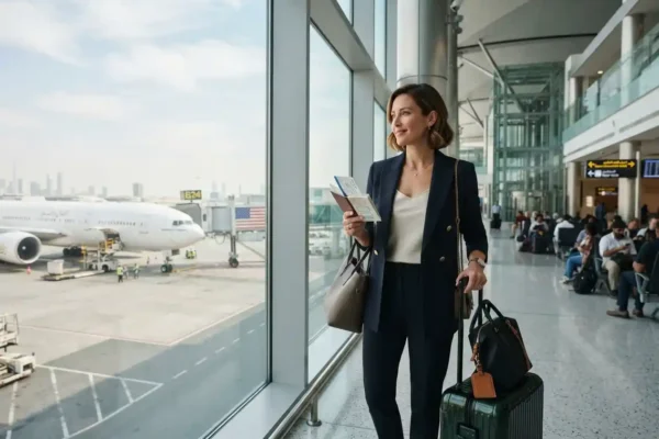 Traveller preparing for a flight from Dubai to the USA