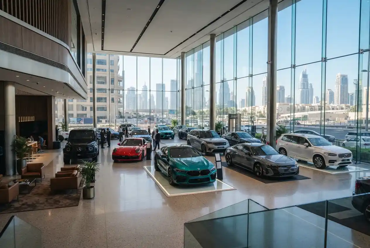 Diverse selection of car brands displayed in a UAE showroom